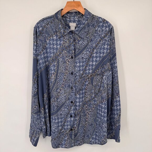 Chicos 3 Womens Button-Down Long Sleeve Shirt Size XL Blue Geometric satin - Picture 5 of 12